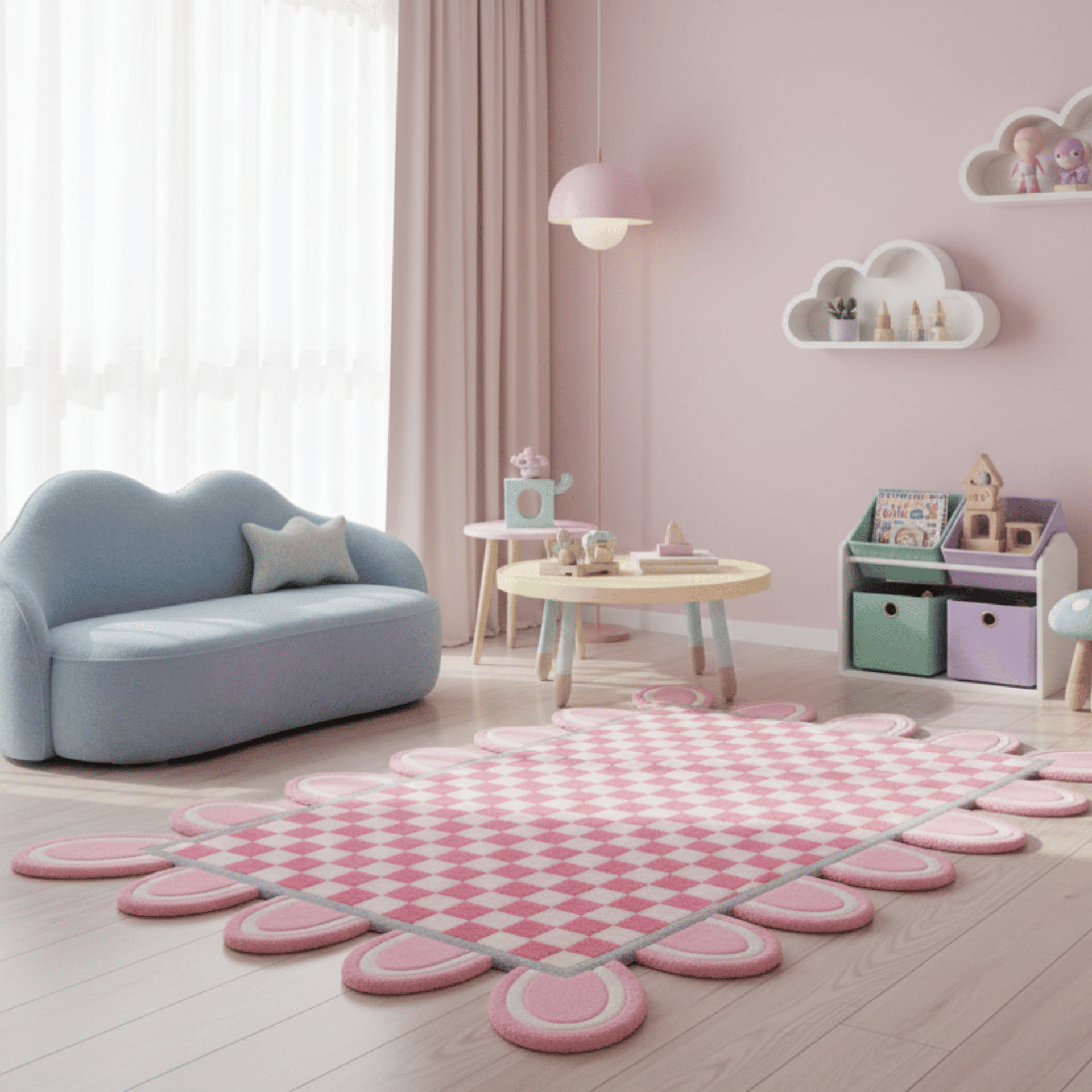 Pink Checkerboard Rug with Scalloped Border - Area Rug