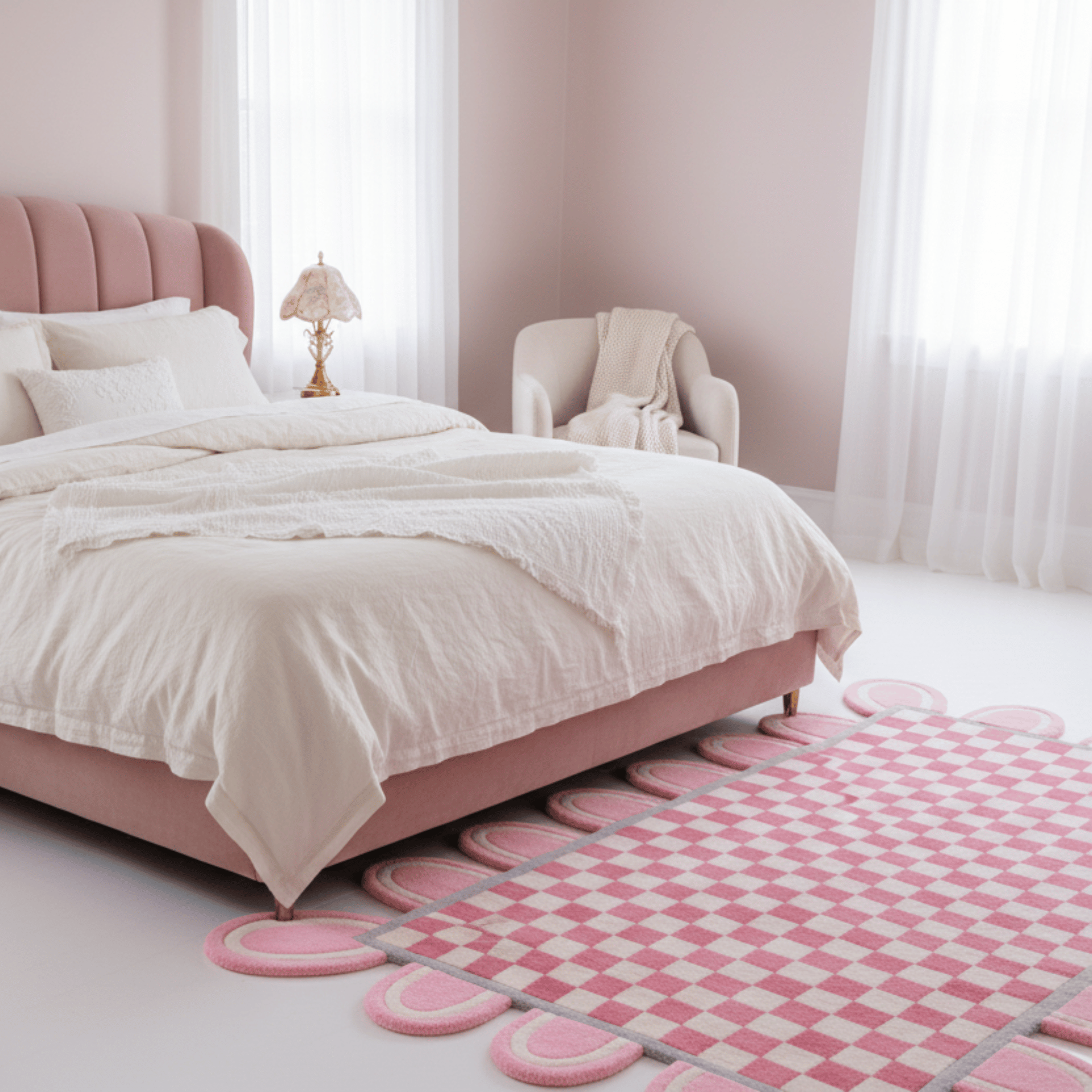 Pink Checkerboard Rug with Scalloped Border - Area Rug