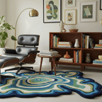 Living room with a patterned rug, black chair, and bookshelf.