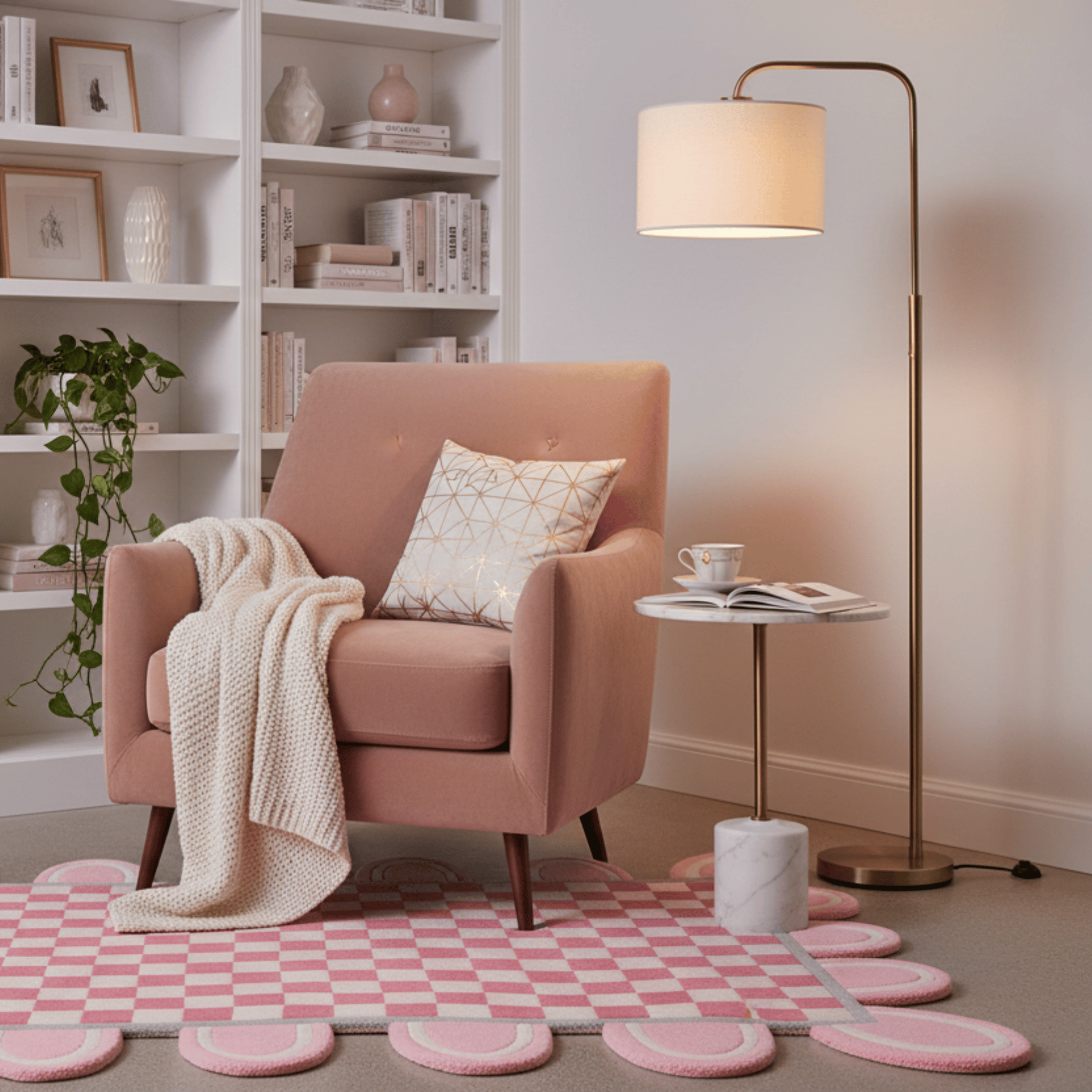 Pink Checkerboard Rug with Scalloped Border - Area Rug