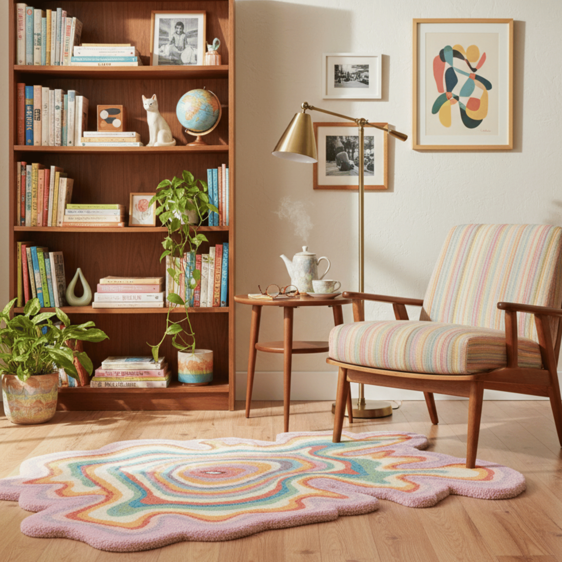 Living room with wooden bookshelf, armchair, and colorful rug.