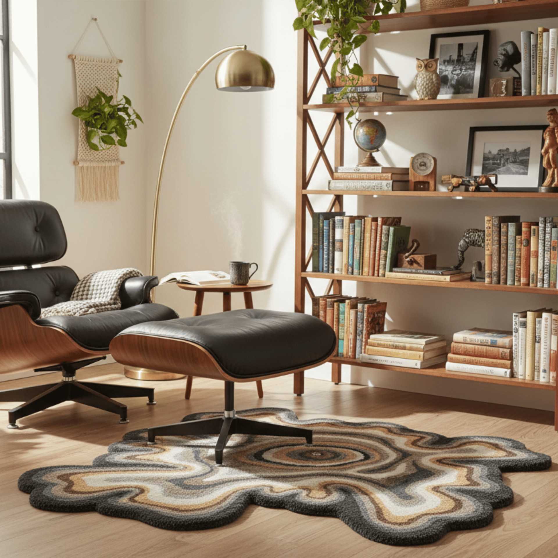 Modern living room with a bookshelf, armchair, ottoman, and patterned rug.