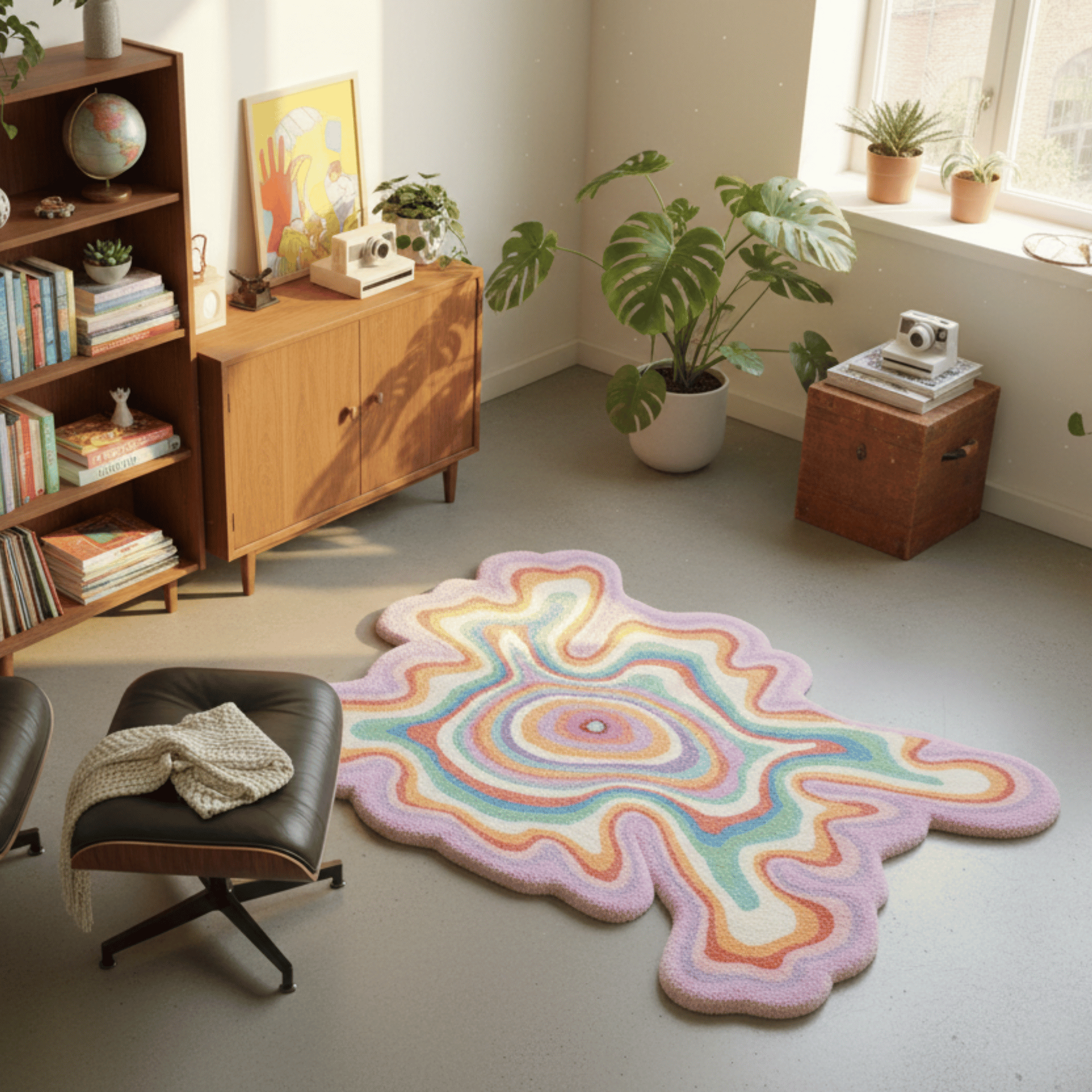 Colorful abstract rug in a room with books, plants, and furniture.