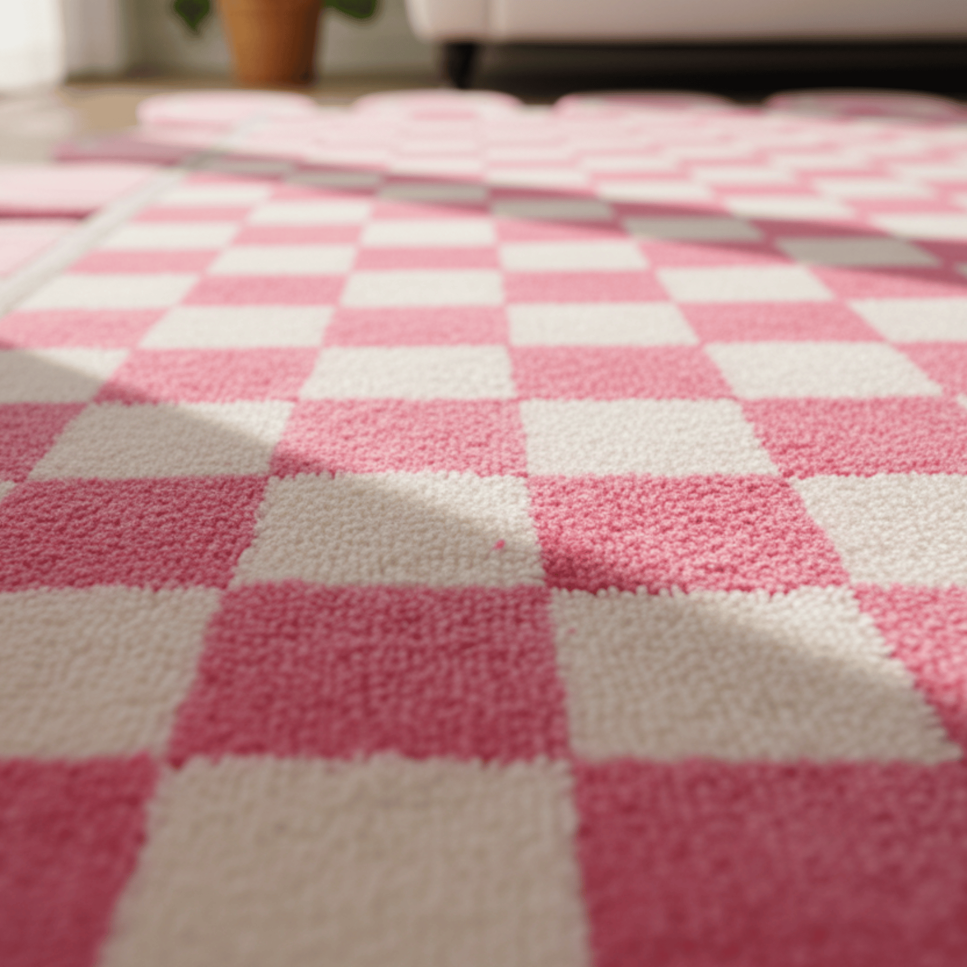 Pink Checkerboard Rug with Scalloped Border - Area Rug