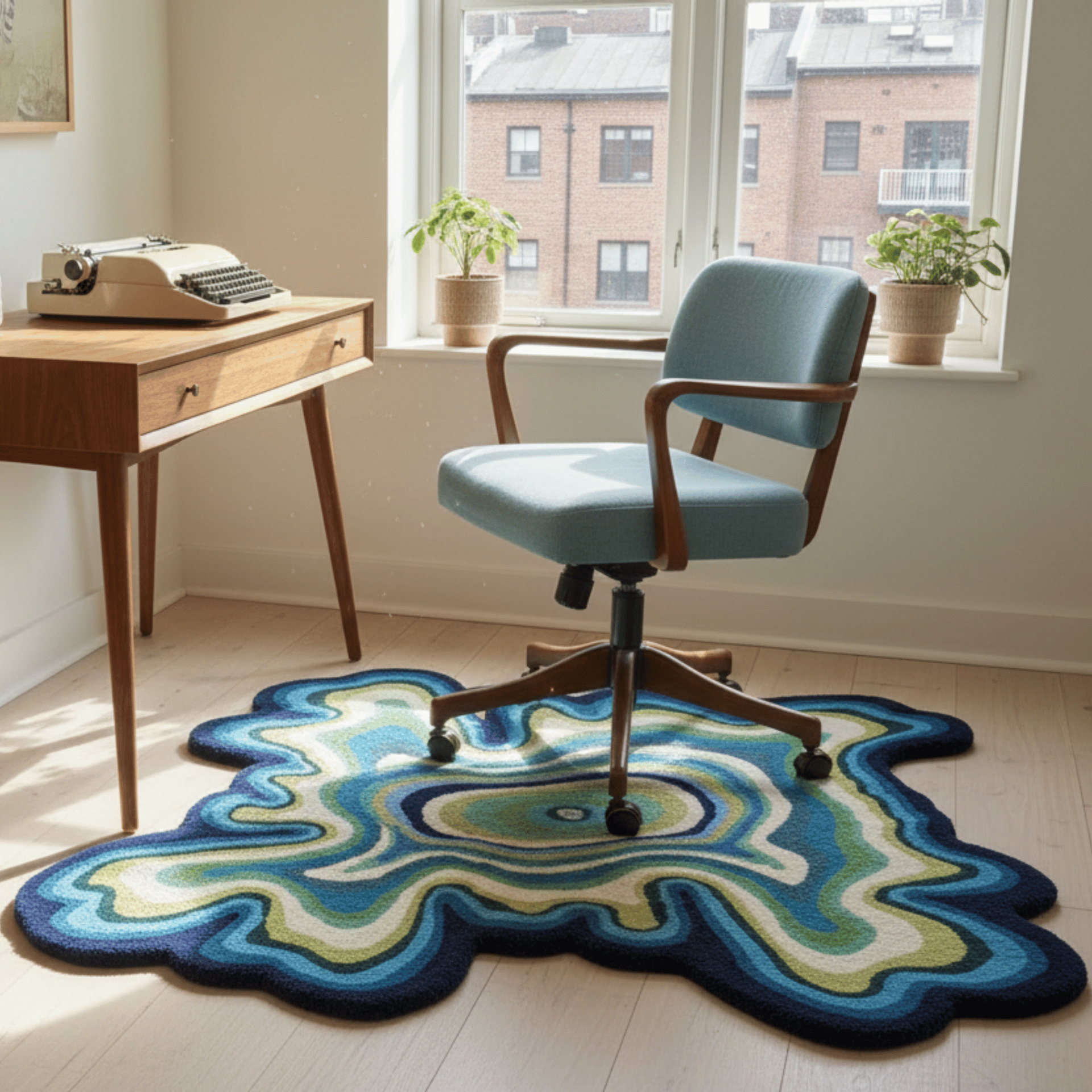 Colorful abstract rug on a wooden floor with a chair and desk in a room with large windows.