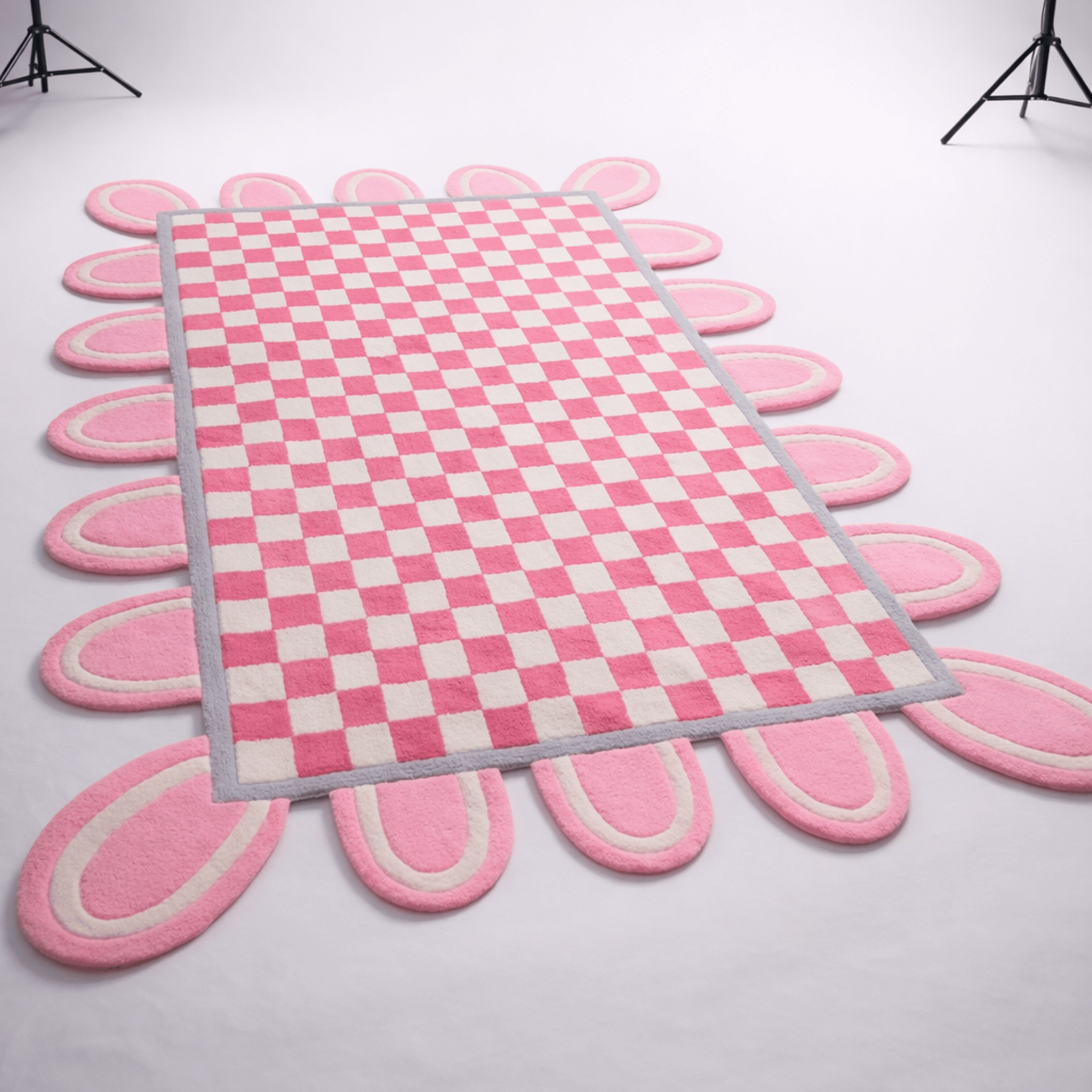 Pink Checkerboard Rug with Scalloped Border - Area Rug