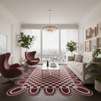 Pink Checkerboard Rug with Scalloped Border - Area Rug