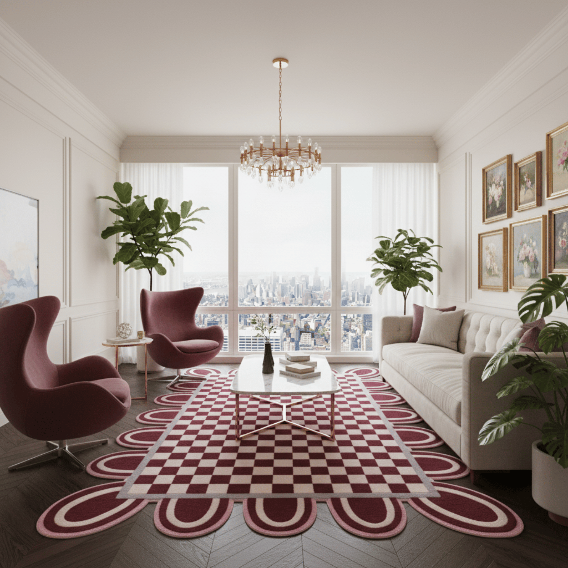Pink Checkerboard Rug with Scalloped Border - Area Rug