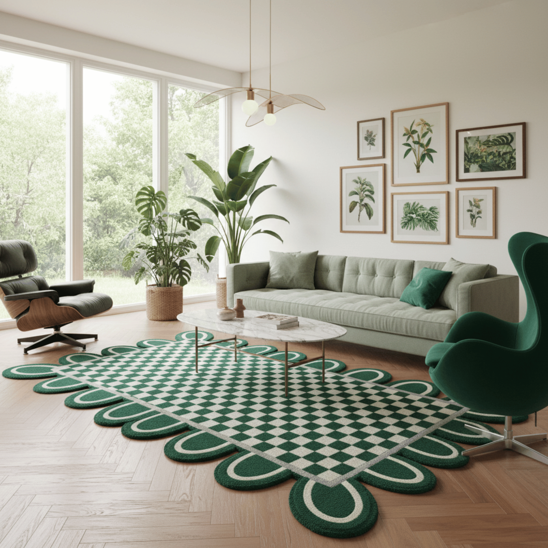 Pink Checkerboard Rug with Scalloped Border - Area Rug