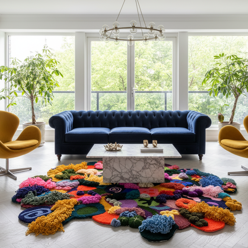 Modern living room with a blue sofa, yellow chairs, and a colorful rug.