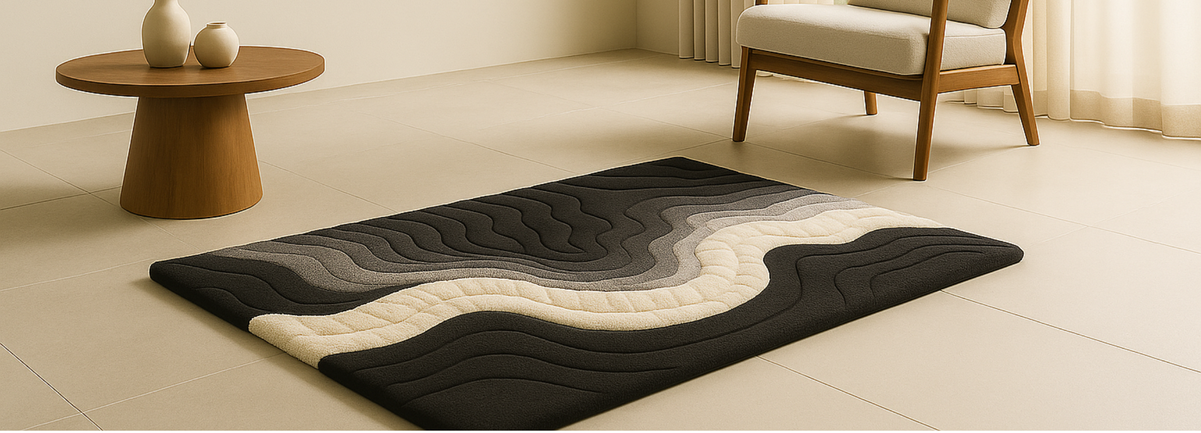 Decorative rug with wavy pattern on a light wooden floor