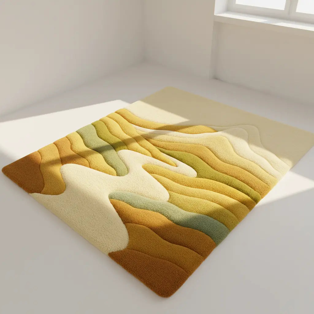 Mirage Rug ditata di ruang tamu minimalis dengan cahaya alami hangat dan nuansa warna gurun oleh Rugoora