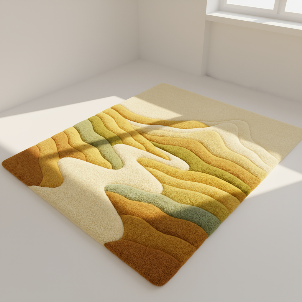 Mirage Rug ditata di ruang tamu minimalis dengan cahaya alami hangat dan nuansa warna gurun oleh Rugoora