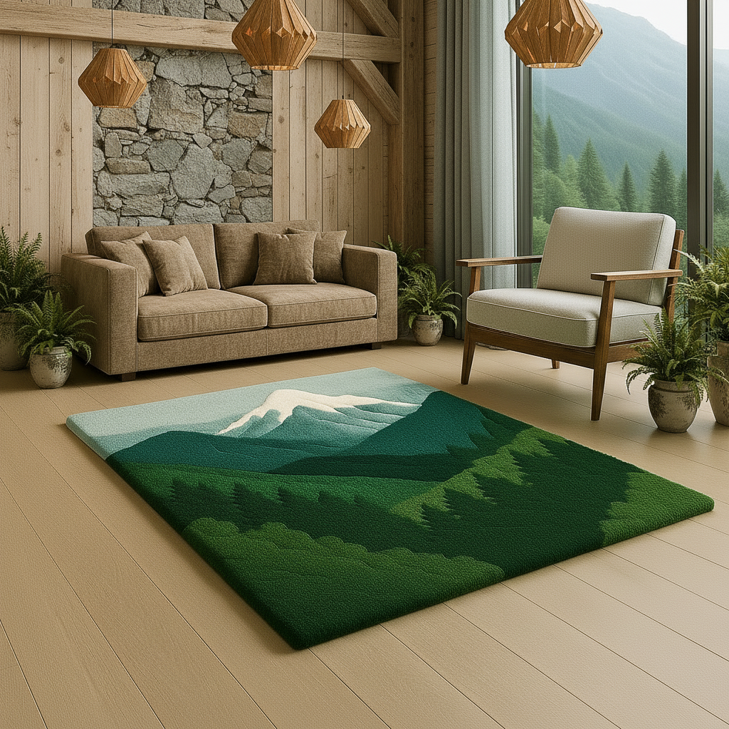 Alpine Rugoora Rug completing a cozy living space with mountain harmony and Scandinavian nature calm by Rugoora