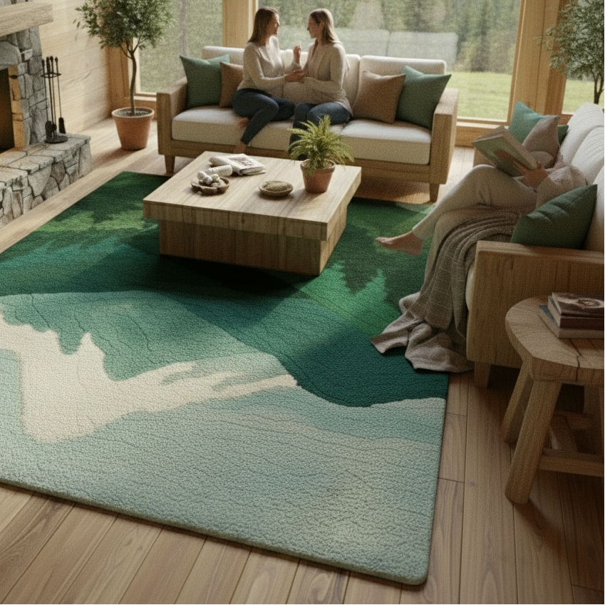 Alpine Rug Rugoora Modern home interior featuring Rug in soft forest green tones for a calm, earthy mood by Rugoora