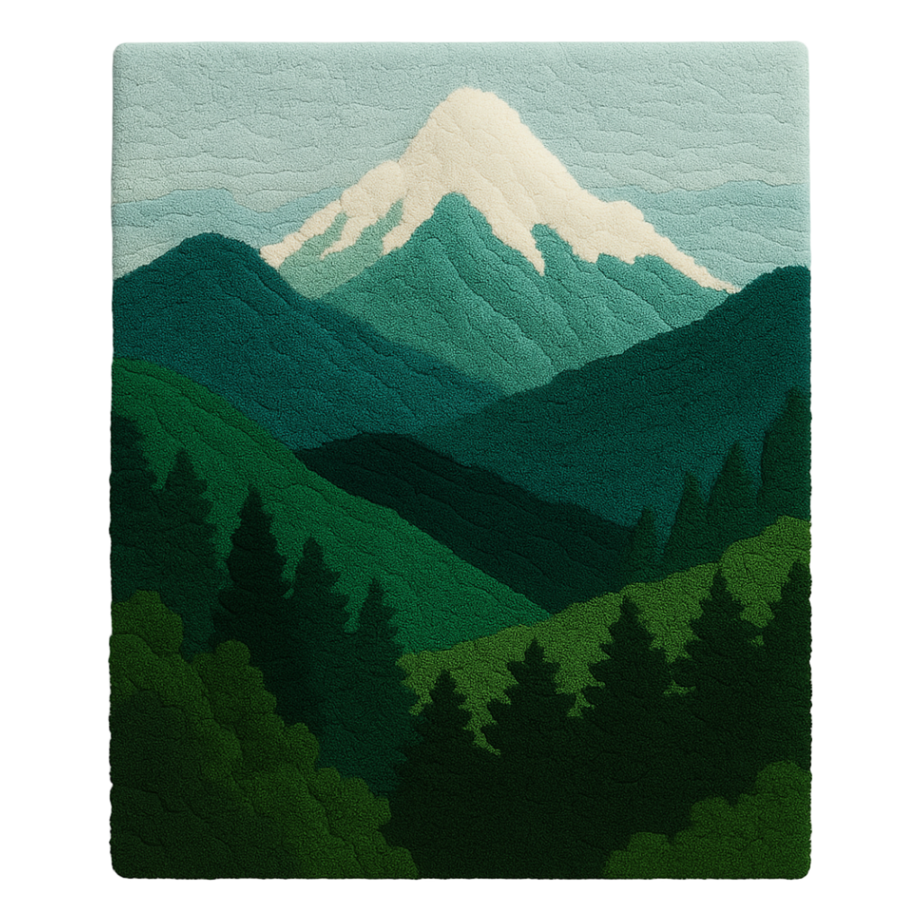 Everpine Rug – a luxury handcrafted rug inspired by mountain pines and forest tranquility, made by Rugoora - Rug with a mountain and forest design on a plain background