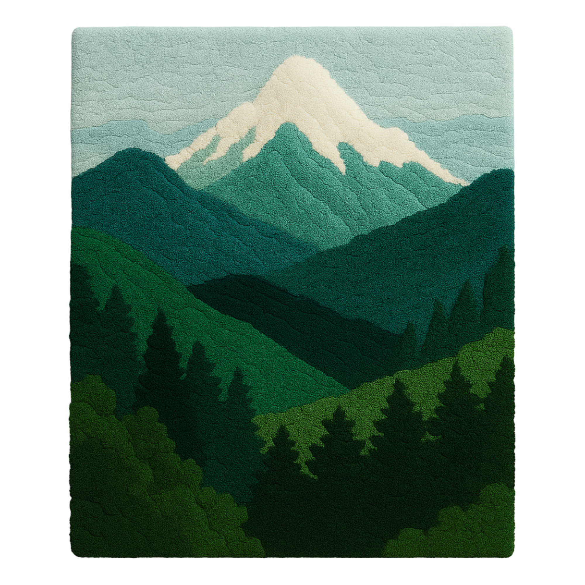 Everpine Rug – a luxury handcrafted rug inspired by mountain pines and forest tranquility, made by Rugoora - Rug with a mountain and forest design on a plain background