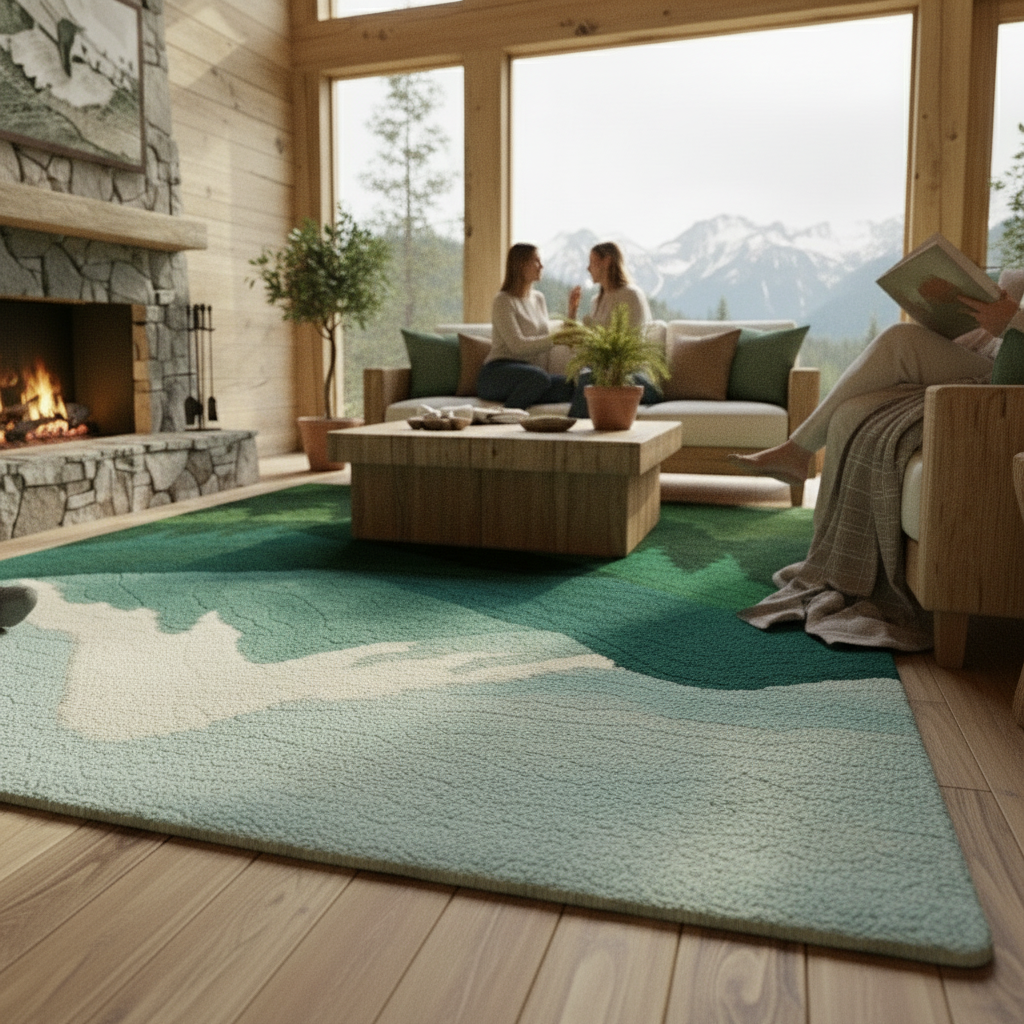 Alpine Rug Rugoora Texture detail of Rug on wooden floor showing organic fibers and natural tufted texture by Rugoora