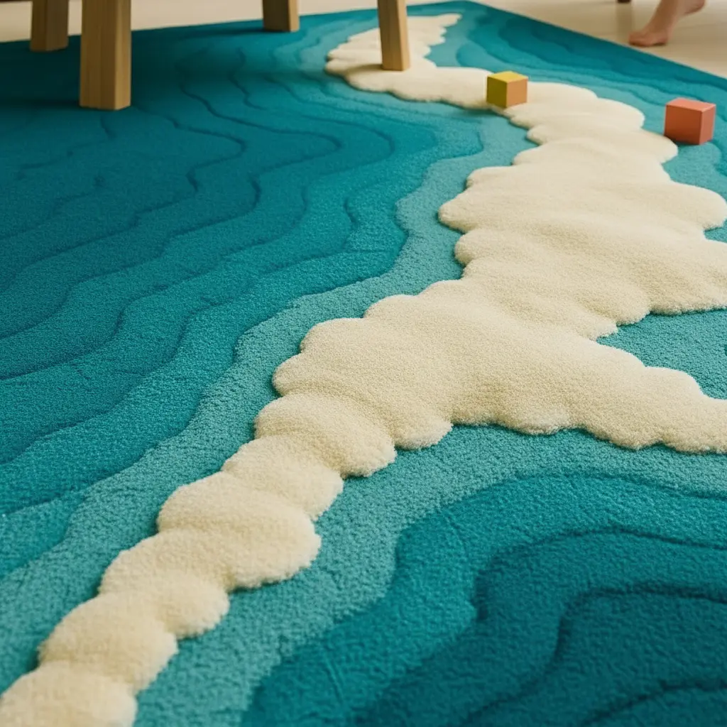 Artisan Azure Rug with hand-tufted wave-like texture and soft gradient finish by Rugoora