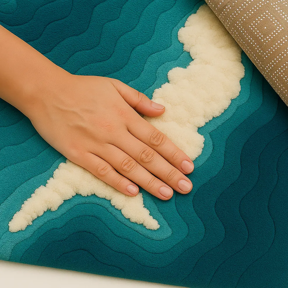 Artisan Azure Rug with hand-tufted wave-like texture and soft gradient finish with backing rug by Rugoora