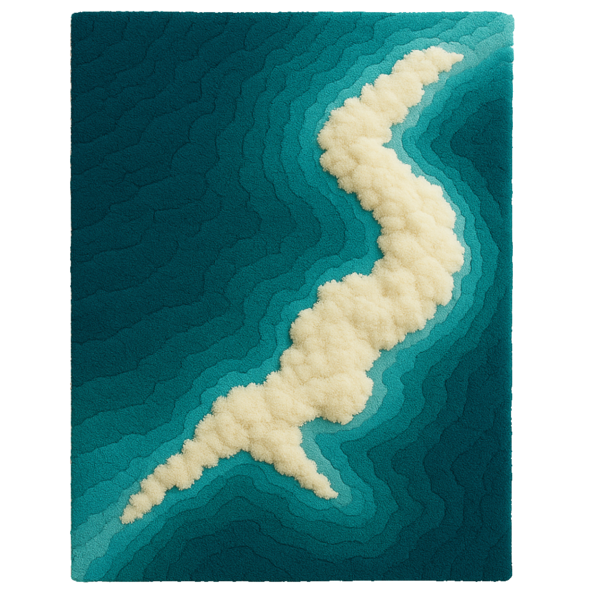 Azure Rug – a luxury handcrafted rug inspired by coastal waters and gentle ocean hues, made by Rugoora. Rug with wavy blue and cream pattern