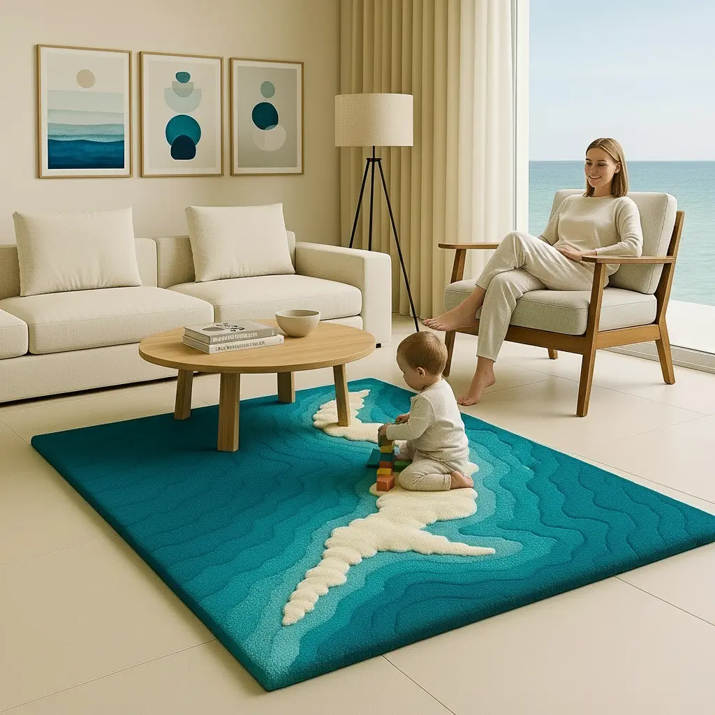 Lifestyle scene featuring Azure Rug adding calm oceanic charm to a cozy modern interior by Rugoora
