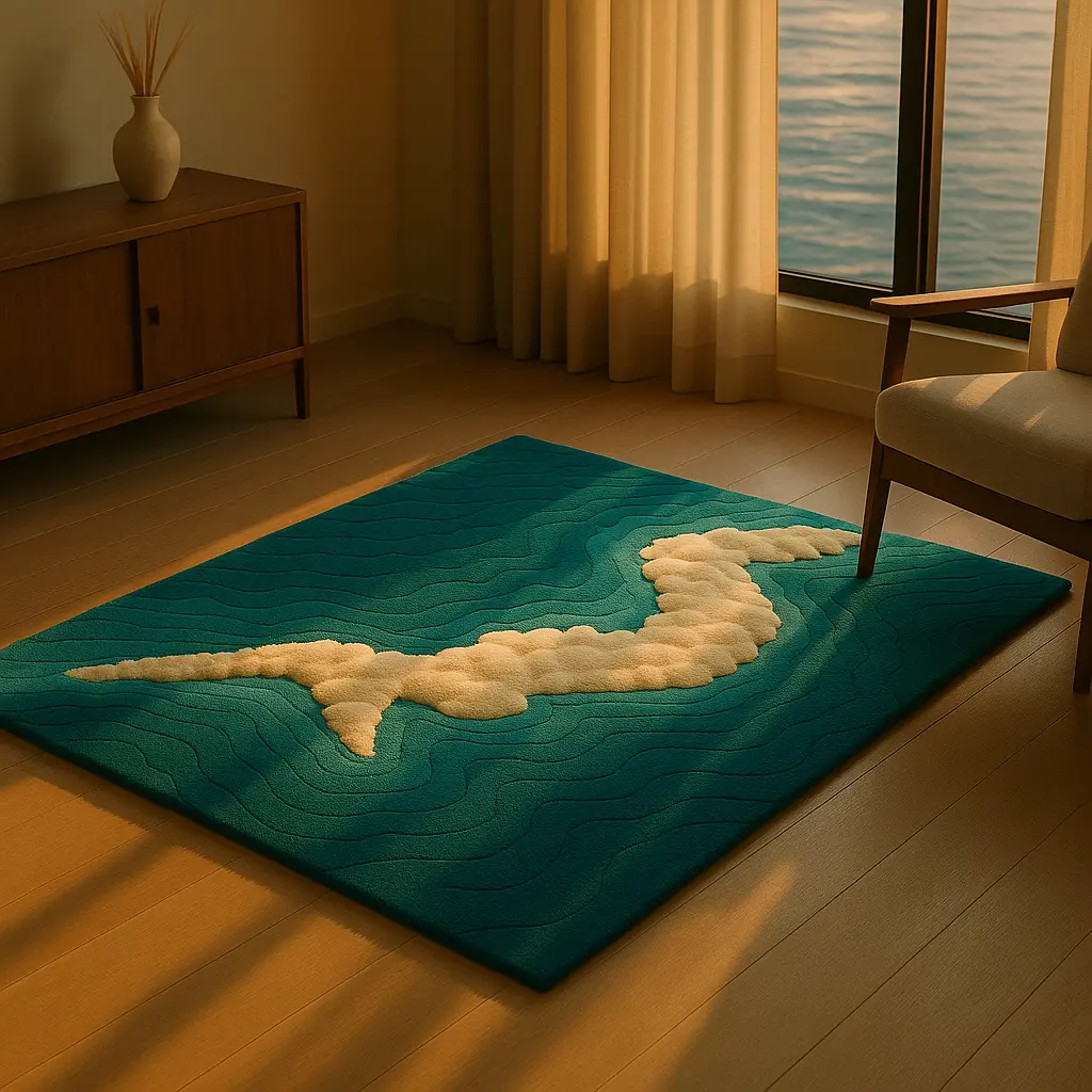Azure Rug styled in a minimalist living room with soft daylight sunset and blue coastal tones by Rugoora