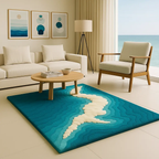 Azure Rug styled in a minimalist living room with soft daylight and blue coastal tones by Rugoora