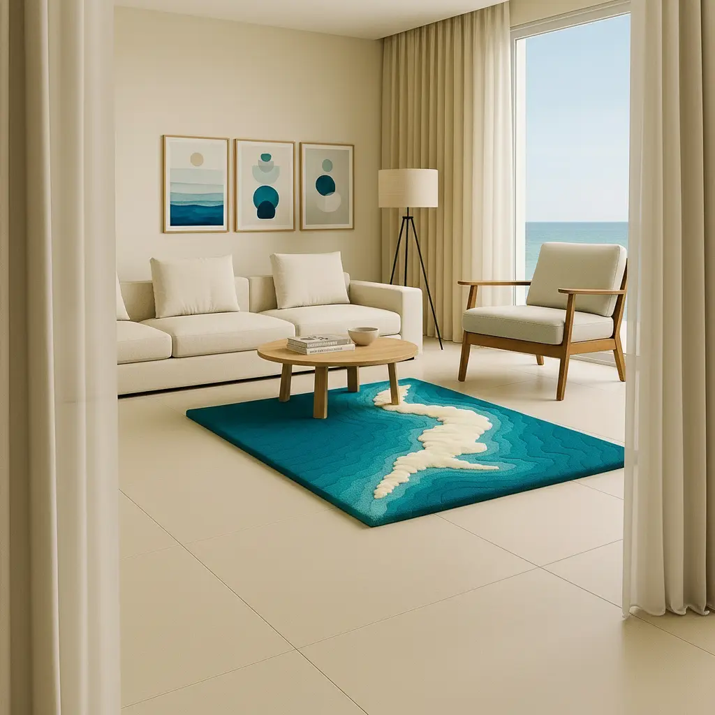 Modern home interior featuring Azure Rug in soft blue tones with natural daylight calm by Rugoora