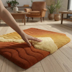 Artisan Canyon Rug with hand-tufted stone texture and organic layered detailing, crafted by Rugoora. Scale Reference - Human Touch