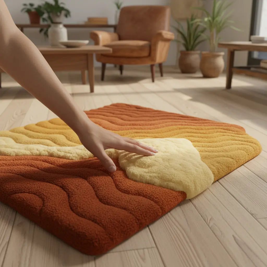 Artisan Canyon Rug with hand-tufted stone texture and organic layered detailing, crafted by Rugoora. Scale Reference - Human Touch