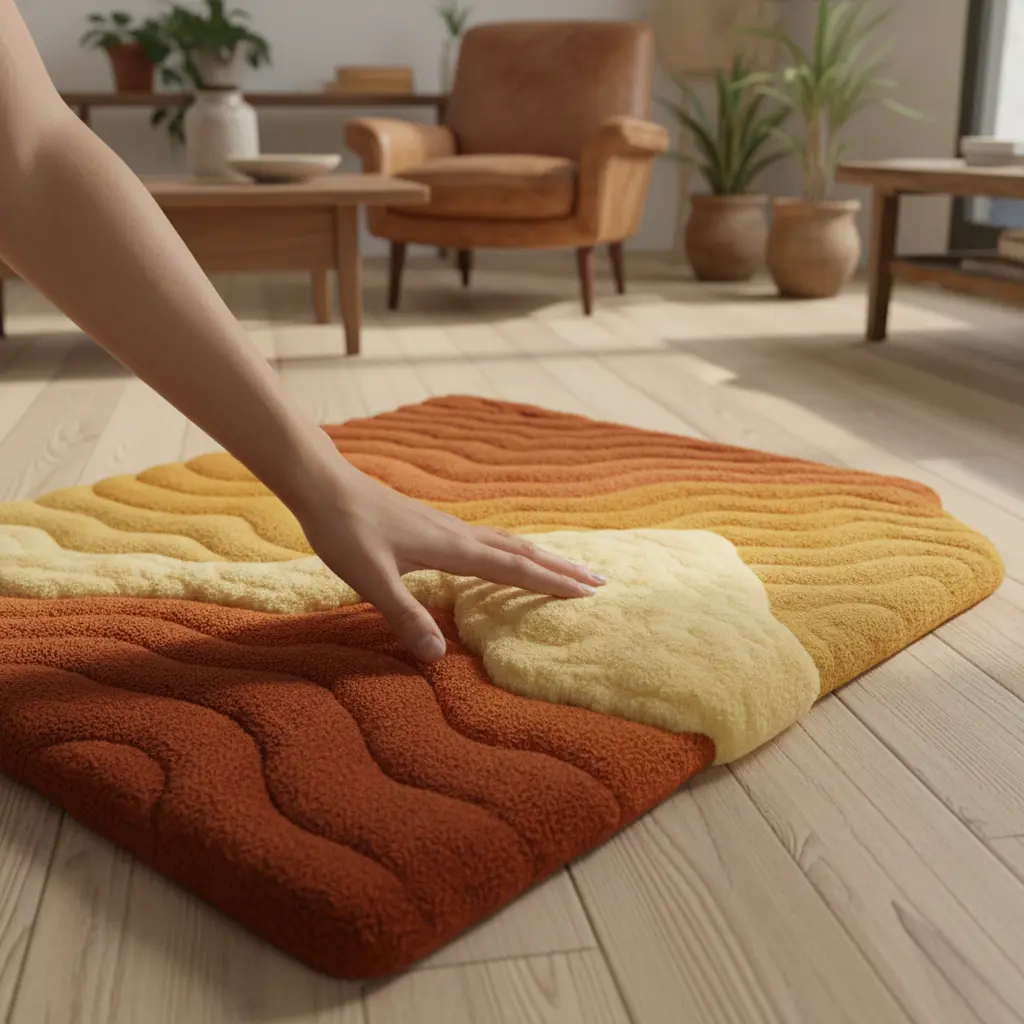 Artisan Canyon Rug with hand-tufted stone texture and organic layered detailing, crafted by Rugoora. Scale Reference - Human Touch