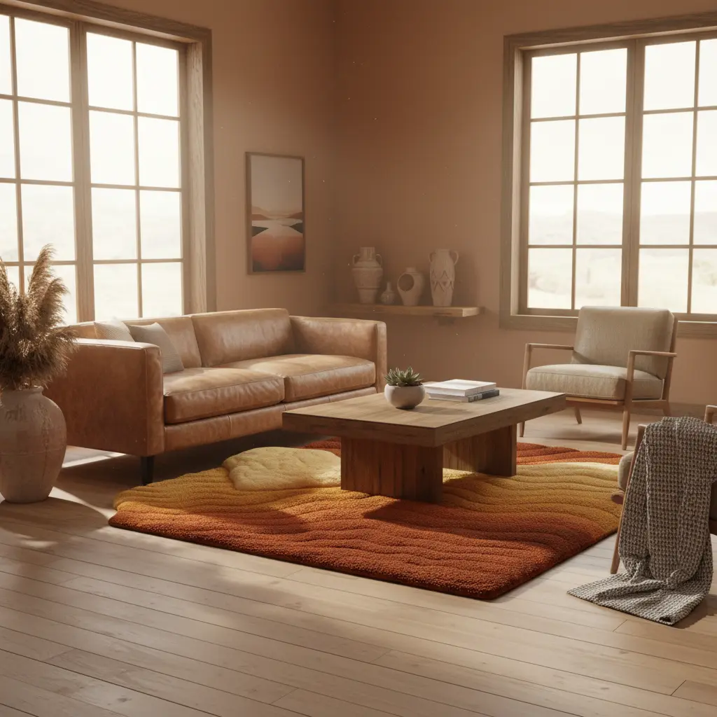 Room Scene - Rustic Modern Living Room. Canyon Rug completing a cozy living space with desert harmony and refined natural warmth by Rugoora