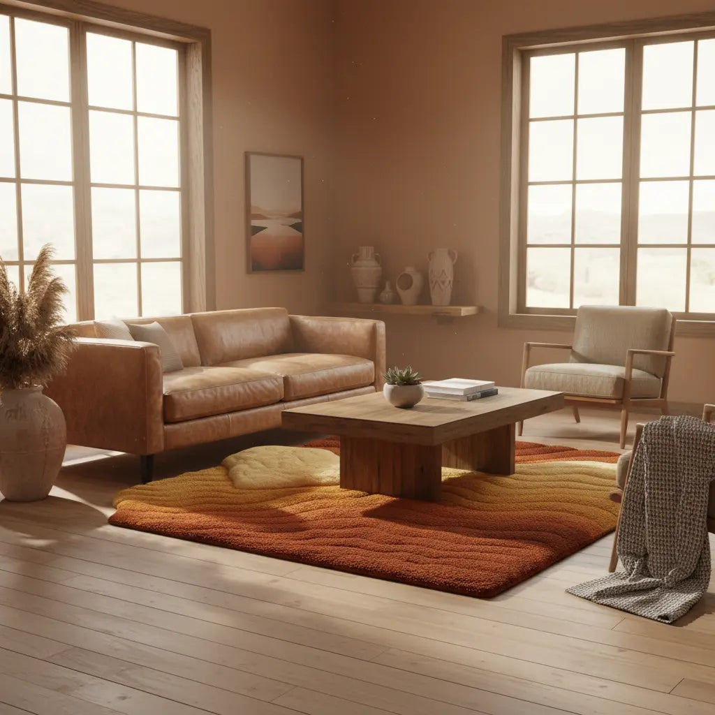 Room Scene - Rustic Modern Living Room. Canyon Rug completing a cozy living space with desert harmony and refined natural warmth by Rugoora