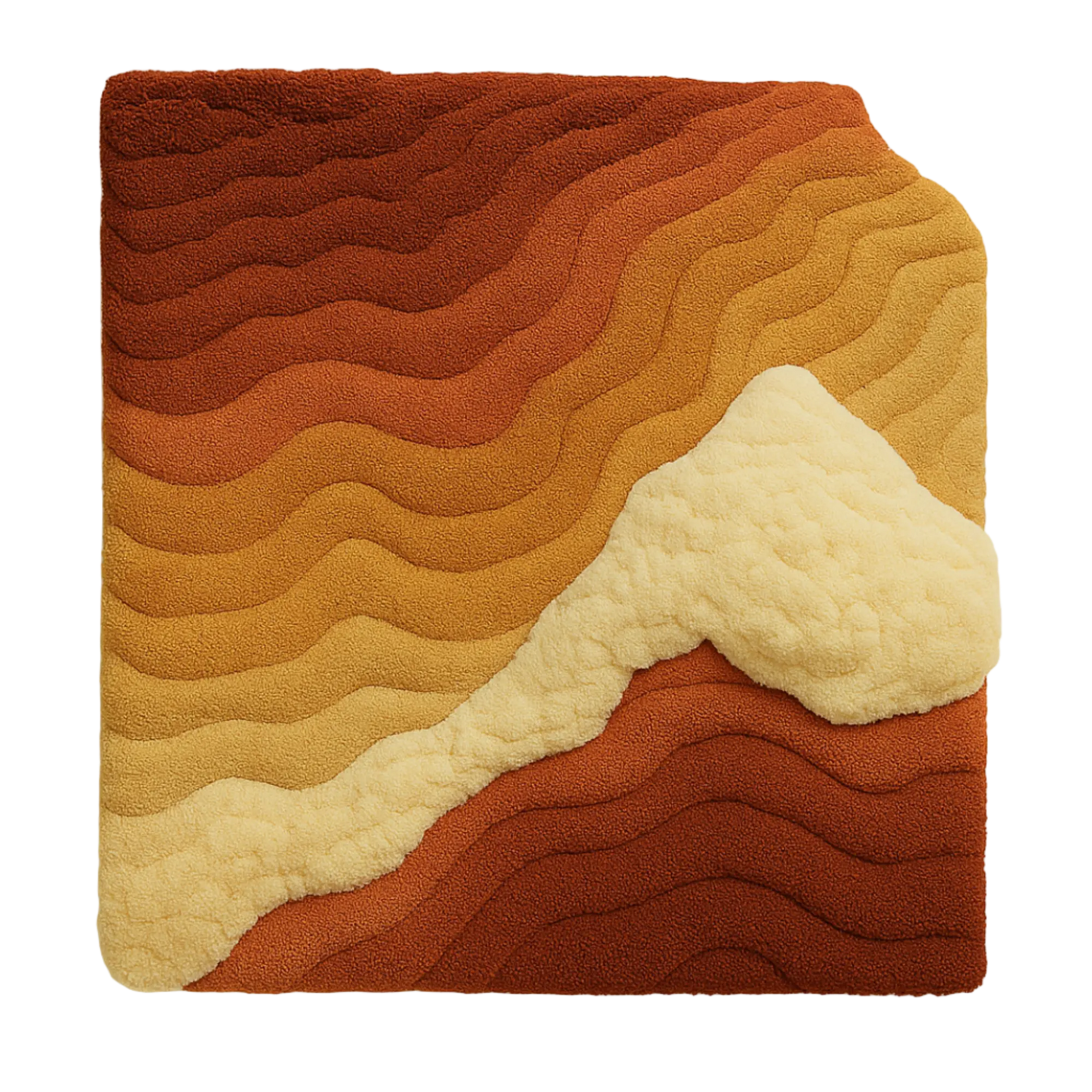 Canyon Rug – a luxury handcrafted rug inspired by desert canyons and Textured rug with wavy pattern in brown and beige tones on a white background