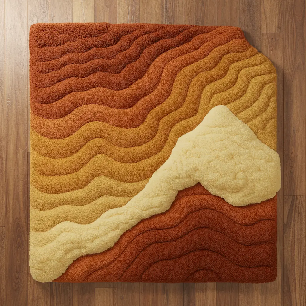 Modern home interior featuring Canyon Rug with soft earth tones and organic harmony - Top View - Aerial Shot