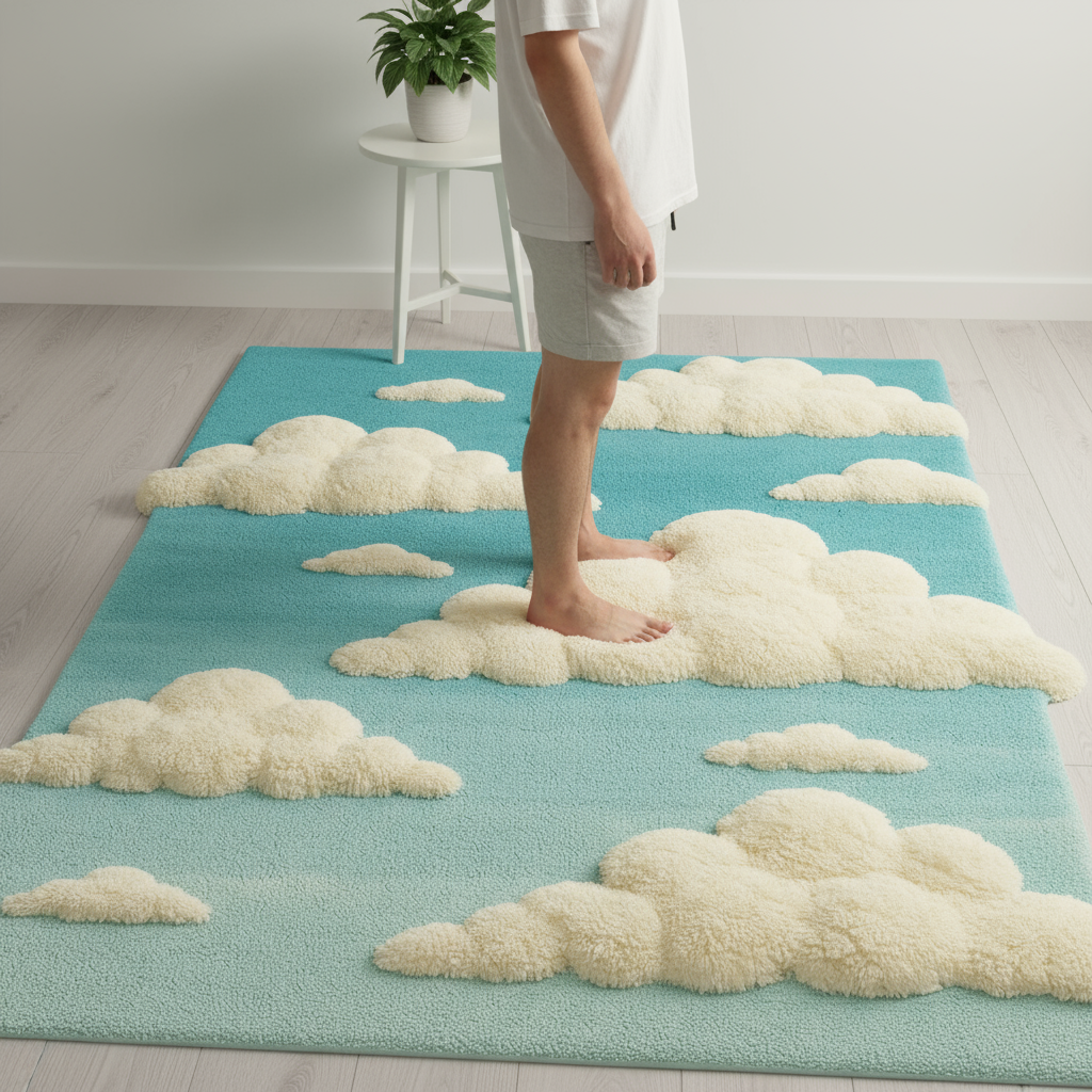 Scale Reference - 3D Cloud Relief Full Body. Close-up view of Celestial Rug showing cloud-like fibers and gentle tone transitions