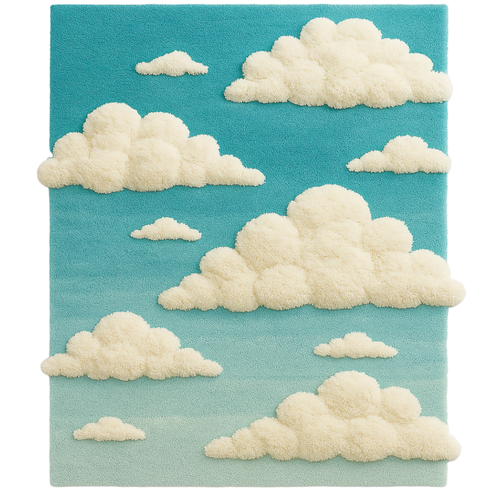 Celestial Rug – a luxury handcrafted rug inspired by drifting clouds and a soft gradient sky, designed by Rugoora