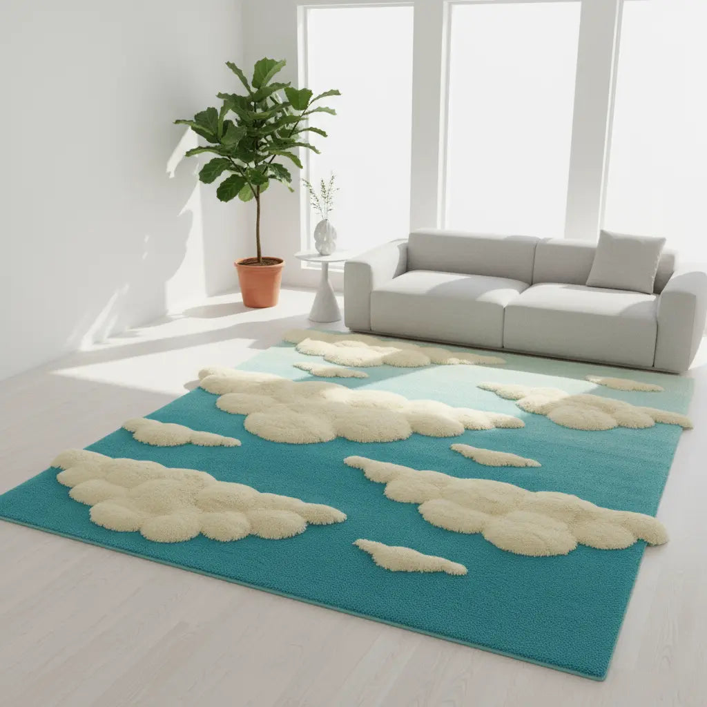 Lifestyle photo of Celestial Rug showcasing soft gradient hues between sky blue and beige