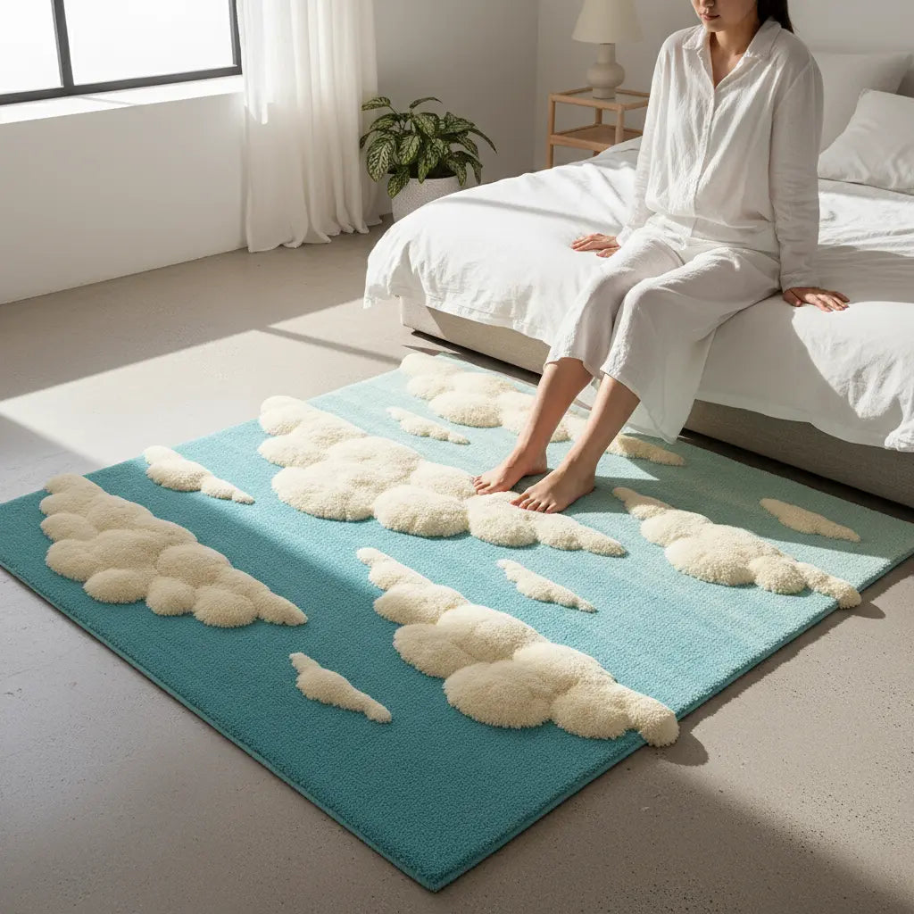 Lifestyle Scene - Celestial Rug styled in a minimalist living room bathed in warm natural daylight