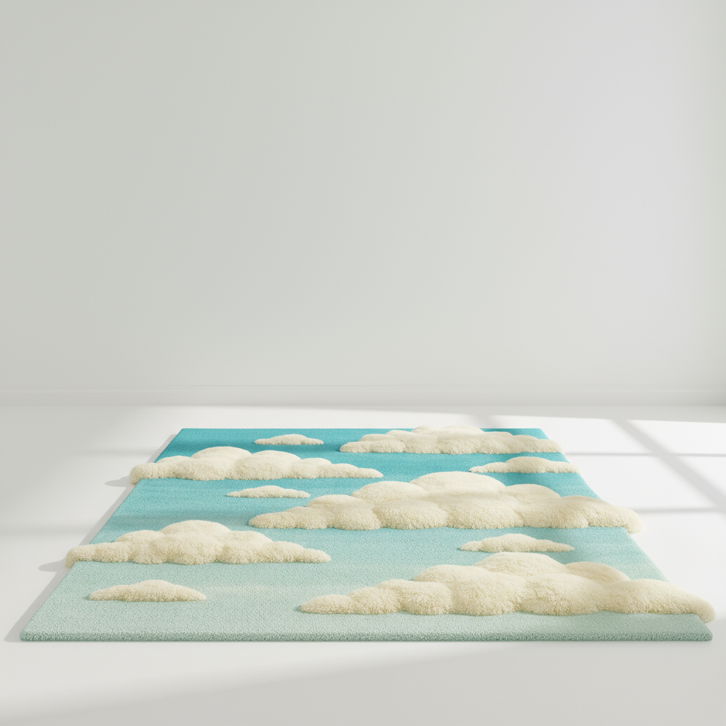 Sculptural 3D-textured Celestial Rug with airy hand-tufted details evoking calm serenity