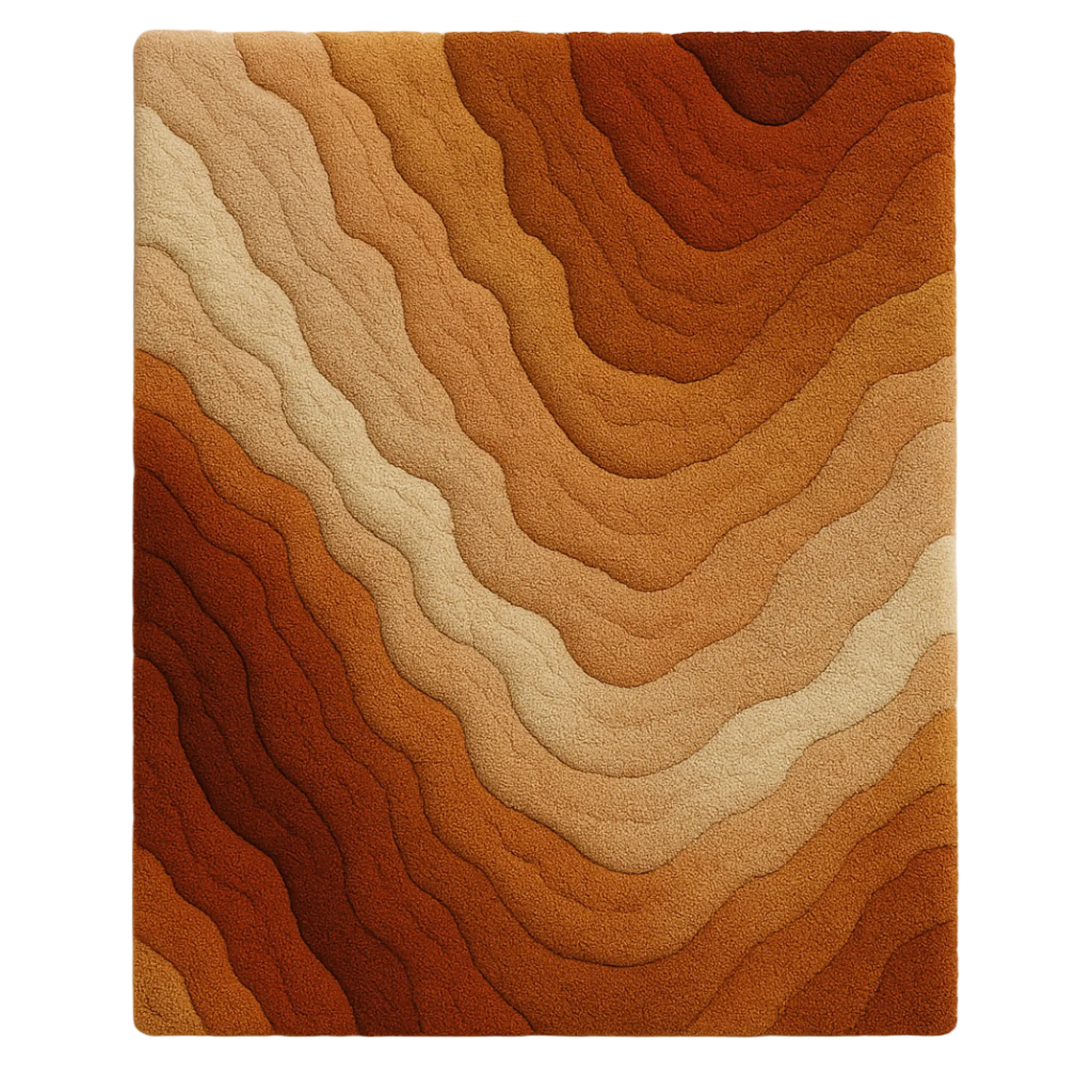 Clay Rug – a luxury handcrafted rug inspired by earthy clay tones and artisanal calm, made by Rugoora - Rug with wavy pattern in brown and beige colors on a white background
