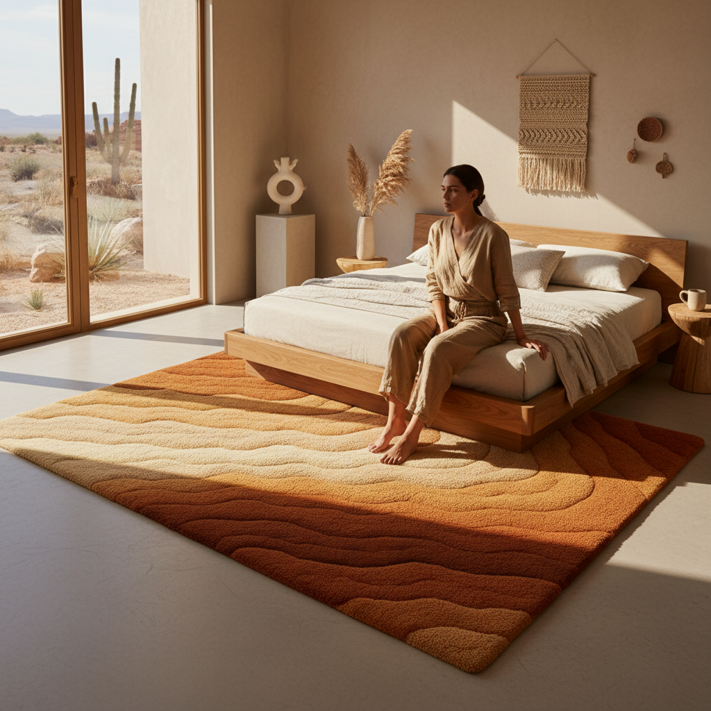 Lifestyle scene featuring Clay Rug in a cozy bohemian interior filled with terracotta tones by Rugoora - Lifestyle Scene - Luxe Bedroom