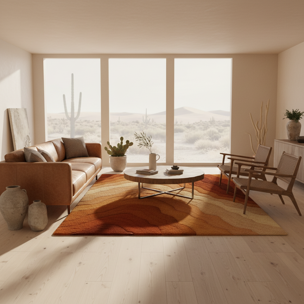 Luxury Clay Rug – a handcrafted décor statement blending earthy elegance with timeless warmth by Rugoora - Room Scene - Desert Luxe Living Room 9ft