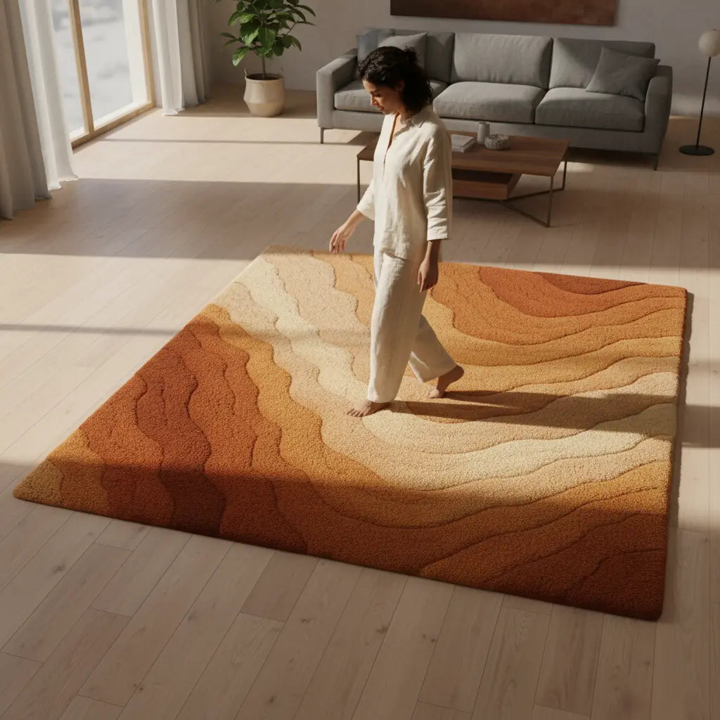 Clay Rug styled in a minimalist living room with soft natural light and warm earthy palette by Rugoora - Scale Reference - Full Body 9ft Rug