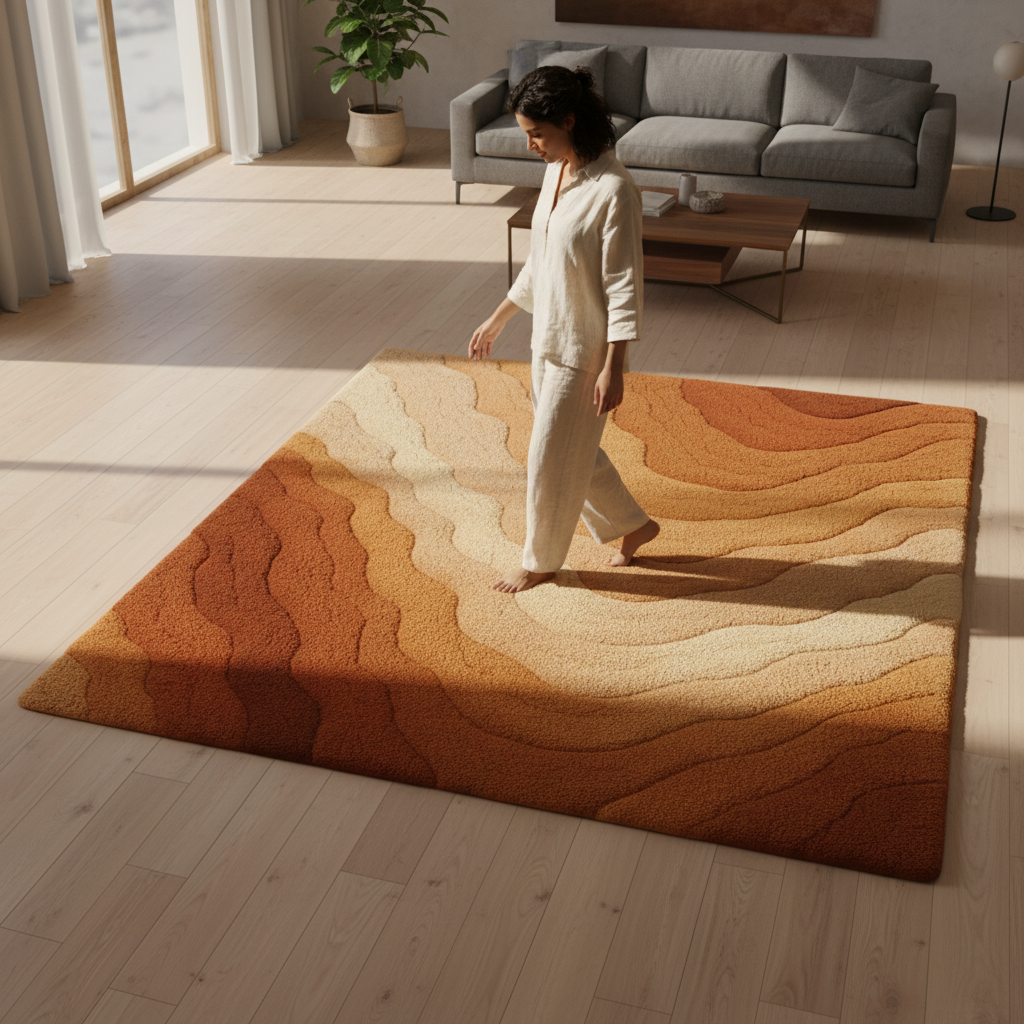 Clay Rug styled in a minimalist living room with soft natural light and warm earthy palette by Rugoora - Scale Reference - Full Body 9ft Rug