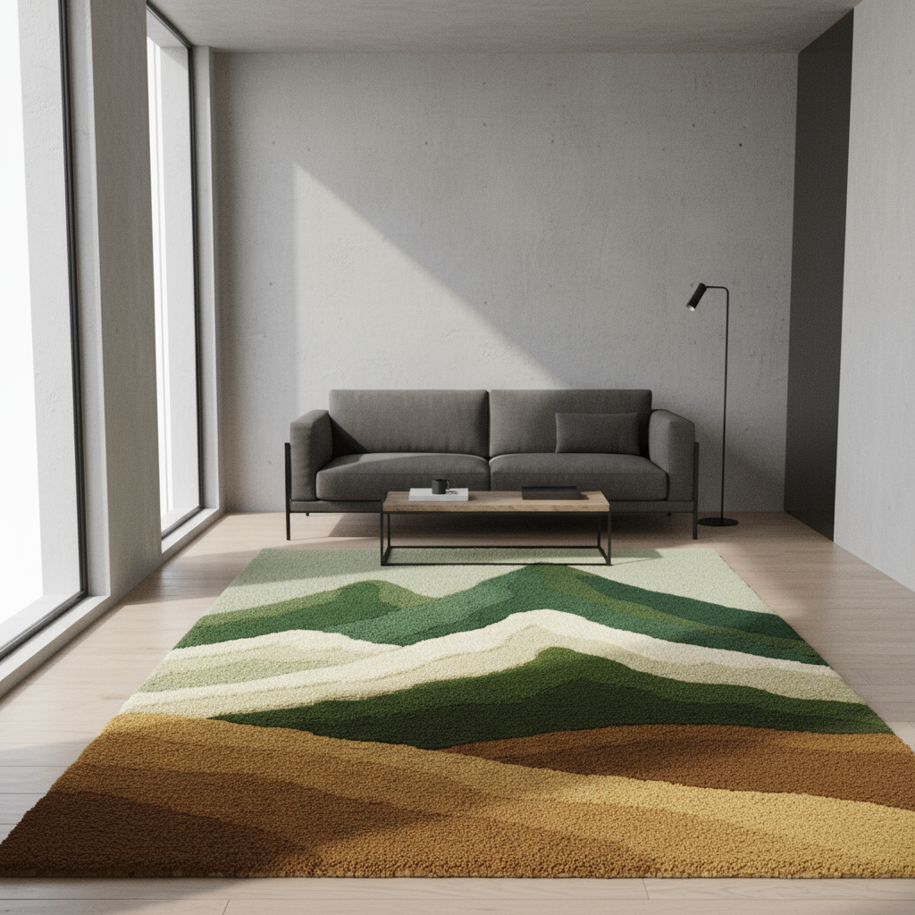 Concrete Rug by Rugoora - Industrial Minimal Living Room Mountain Concrete Rug completing a cozy living space with urban minimal aesthetic and refined balance by Rugoora