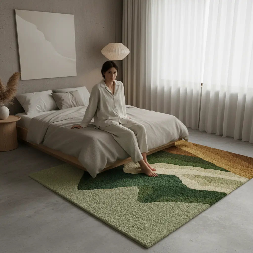 Lifestyle Scene - Japandi Bedroom Handcrafted Concrete Rug with minimal gray finish representing balanced design and urban sophistication by Rugoora