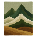 Rug with mountain design in green, brown, and beige. A luxury handcrafted rug inspired by modern concrete textures and architectural balance, made by Rugoora