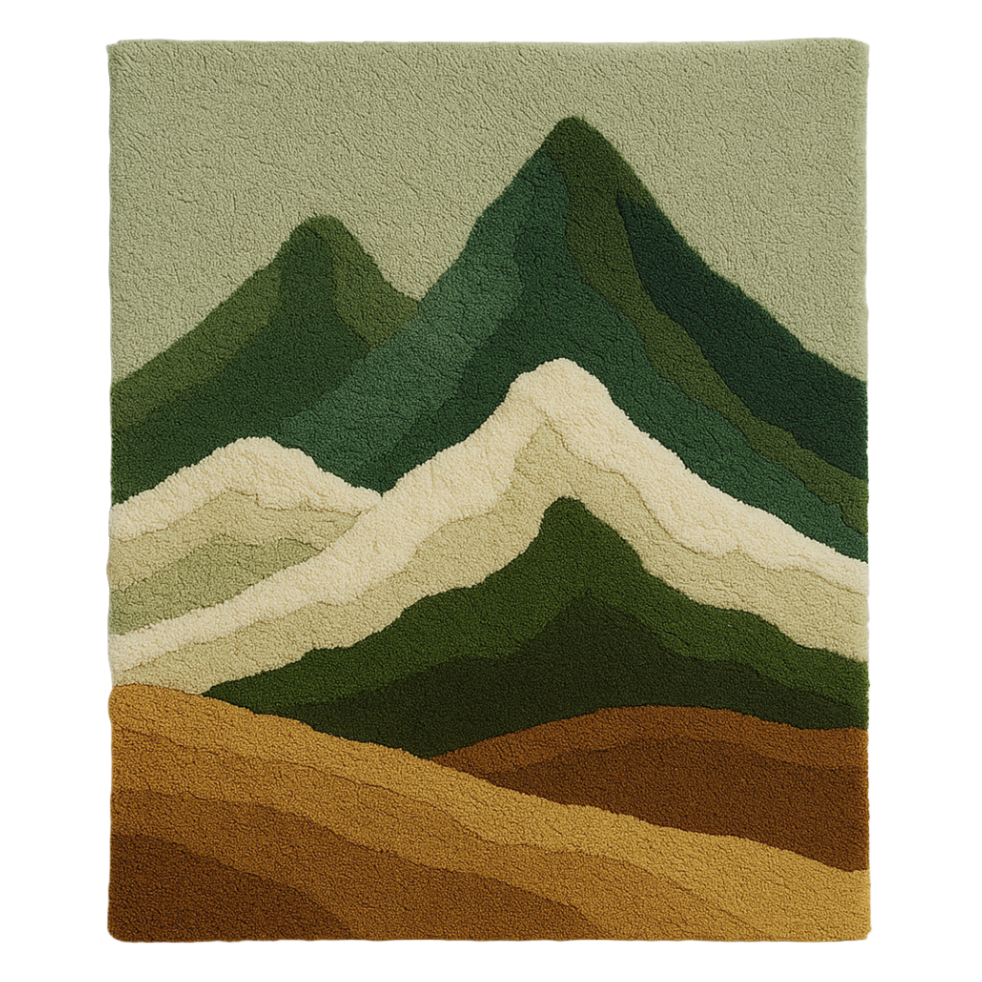 Rug with mountain design in green, brown, and beige. A luxury handcrafted rug inspired by modern concrete textures and architectural balance, made by Rugoora